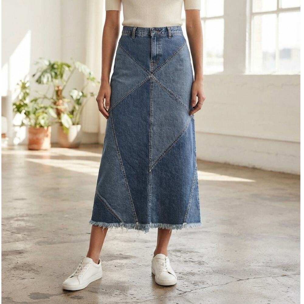 Vintage Mossimo Patchwork Denim Midi Skirt Size 7 Blue Y2K Jean Fringe Retro